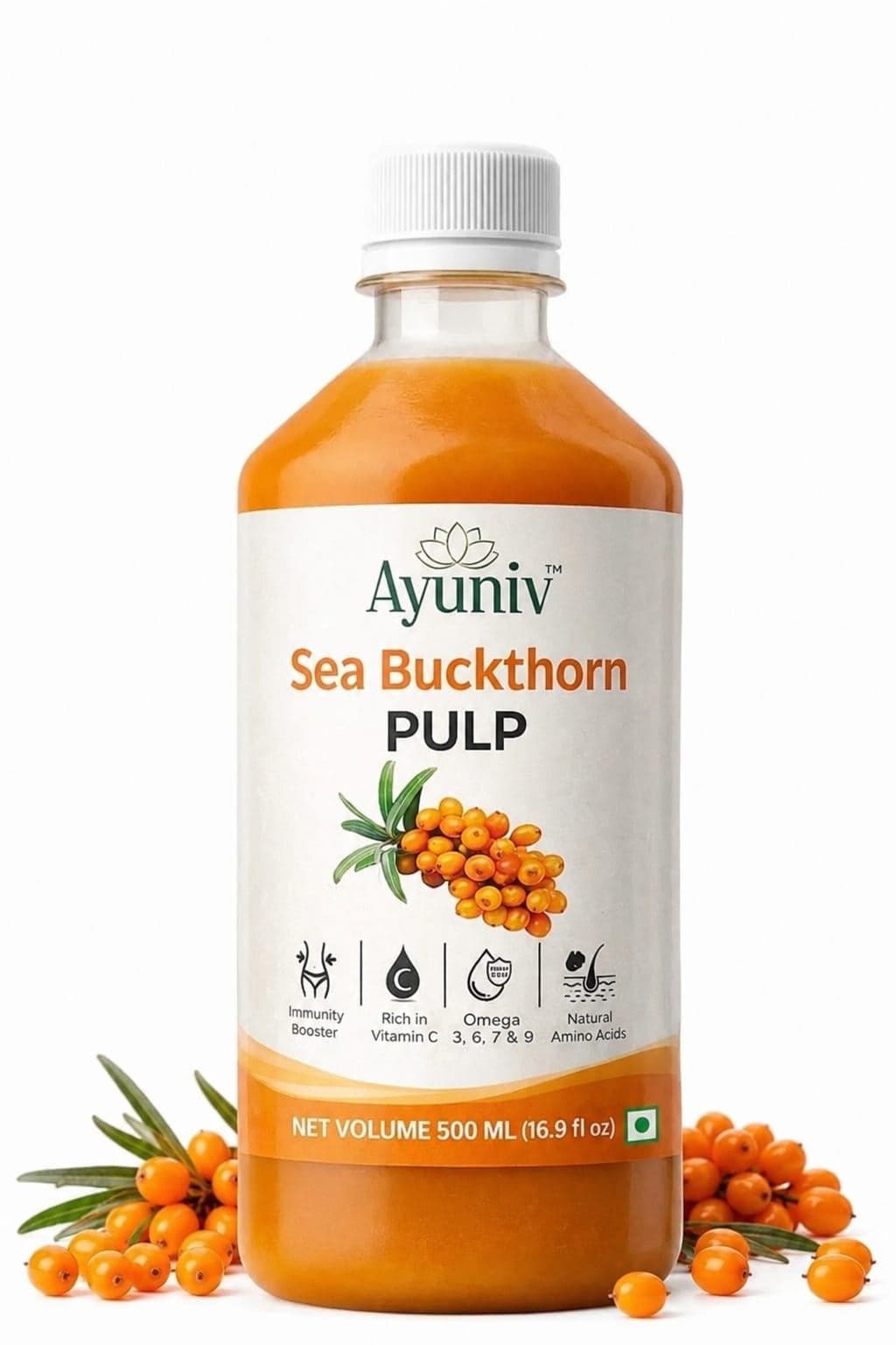 Ayuniv Sea Buckthorn Juice 500ML | Rich in Vitamin C, Omega 3, 6, 7 & 9 | Powerful Antioxidant Superfruit